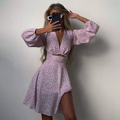 Long SleeveVCollar Printed Dress