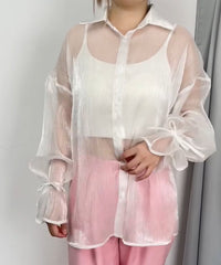 Transparent Shirt Lapel Puff Sleeve Shirt