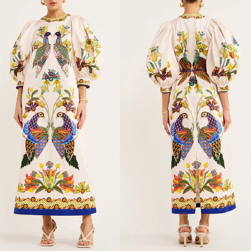 Printed Peacock 3/4 Sleeve round Neck Dress