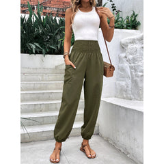 Elastic-Waist High Waist Wide-Leg Ankle-Length Pants