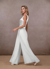 VCollar Mid-Waist Sleeveless White Chiffon Trousers Wide-Leg Pants