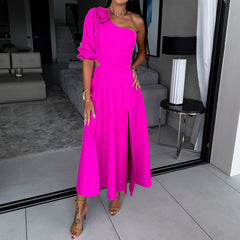 Solid Color One Shoulder Slit Mid-Length Dress