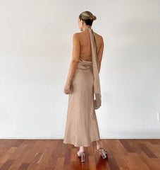 Khaki French Halter Fishtail Dress