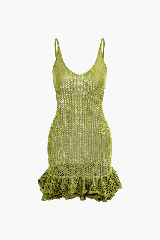 Open Knit Ruffle Hem Cami Mini Dress