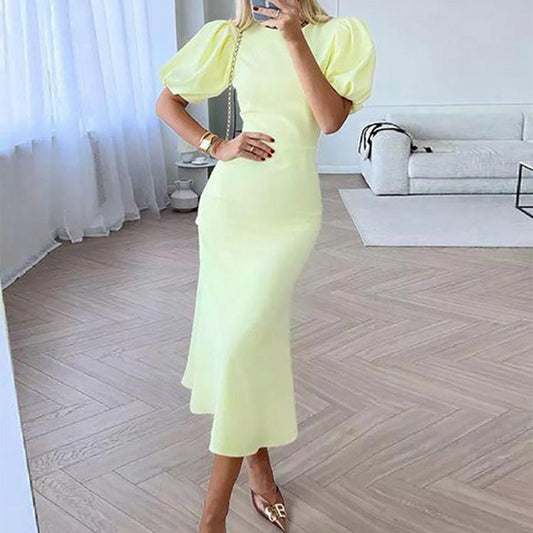 Puff Sleeve Solid Color Dress