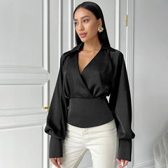 Waist Trimming Shirt Long SleeveVCollar top