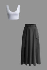 Solid Crop Tank Top And Zipper Pocket Pleated Skirt Set