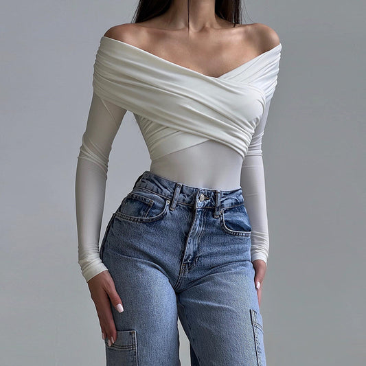 off-Shoulder Long Sleeve Cross Pleated Slim High Waist off-Shoulder Jumpsuit