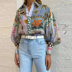 Lapel Long Sleeve Printed Painted Casual Loose Shirt