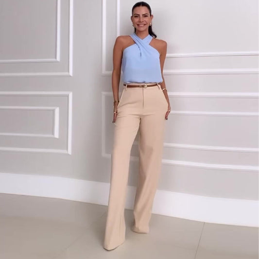 Cross-Halterneck Short Top Wide Leg Pants Casual Two-Piece Suit