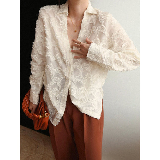 White Embossed Jacquard Boyfriend Style Loose Shirt