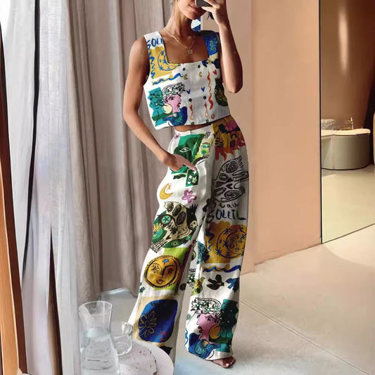 Printed Wide-Leg Pants+Vest Casual Fashion Two-Piece Set