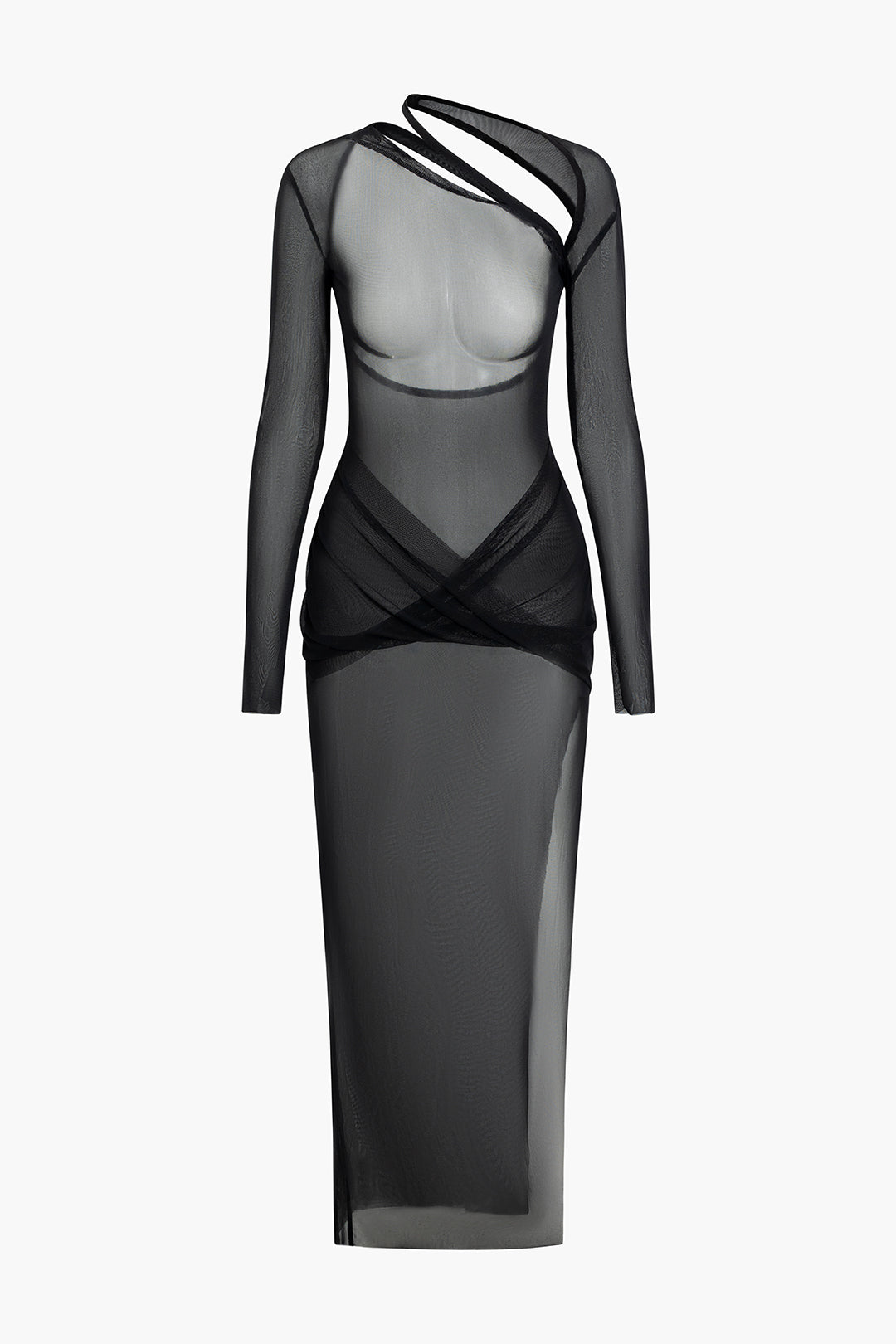 Asymmetric Sheer Mesh Slit Long Sleeve Maxi Dress