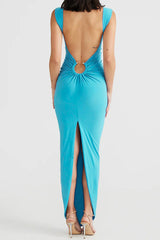 Ruched Cut Out Backless Slit Slip Maxi Dress