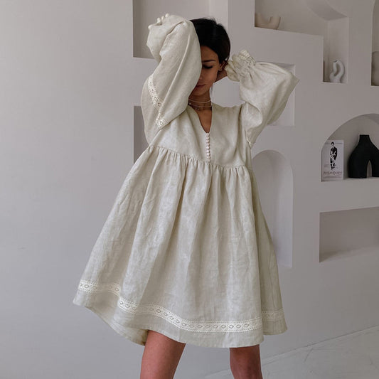 Cotton and LinenVCollar Lantern Sleeve Loose Dress