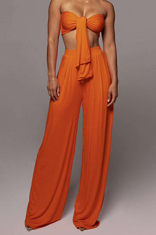 Tie Knot Front Ruched Tube Top And Pleated Wide Leg Pants