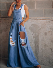 Ripped Denim Suspender Pants