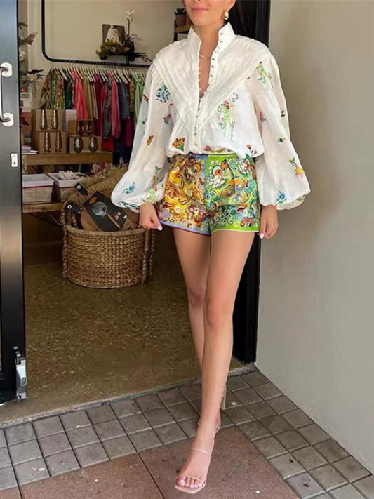 Printed Shirt Top Color Shorts Suit