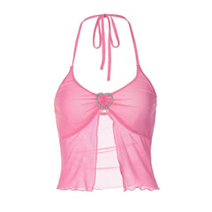 Pink Mesh Stitching Chest-Wrapped Halter Vest