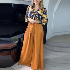 Long Sleeve Shirt High Waist Lace-up Wide Leg Pants Suit