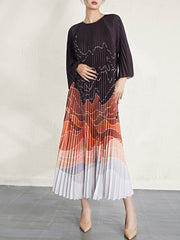 Pleated Oversized Loose-Fitting Pattern Print Organ Pleated Long Sleeve Dress