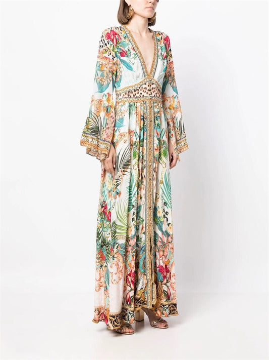 VCollar Bell Sleeve Silk Elegant Vacation Long Dress