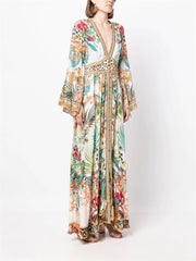 VCollar Bell Sleeve Silk Elegant Vacation Long Dress