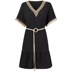 VCollar Lace Belt Waist Trimming Casual Dress