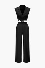 Notched Lapel Tie Back Vest And Straight Leg Suit Pants Set