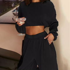 Long Sleeves Cropped Shirt Pleated Wide-Leg Trousers Two-Piece Set