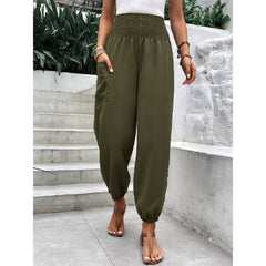 Elastic-Waist High Waist Wide-Leg Ankle-Length Pants