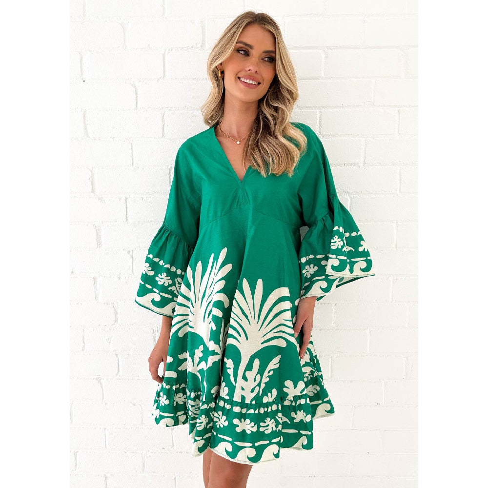 VCollar Printed Bell Sleeve Loose Short Dress