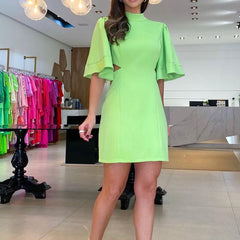 round-Neck Flared Sleeves Backless Lace up Slim Fit Sheath Dress