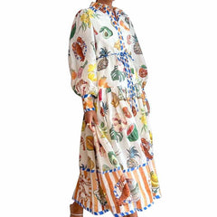 Lantern Sleeve Printed Long Lapel and Waist Tight Long Sleeve Dress