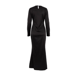 Satin Long Dress round-Neck High Waist Long Sleeve Dress