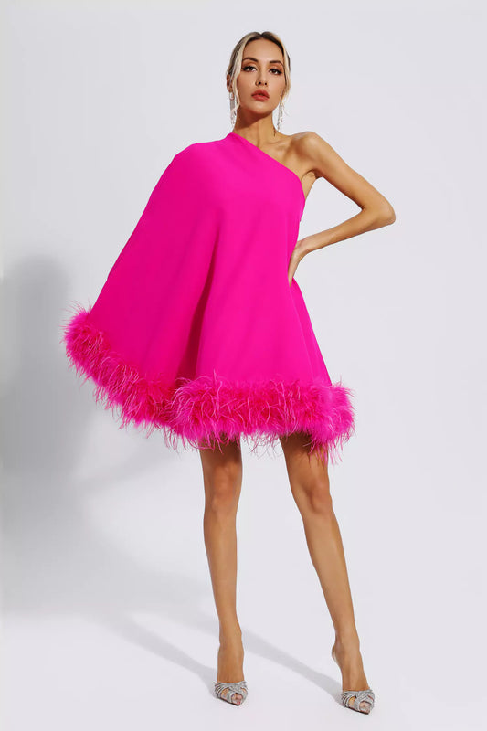 Ailani Pink Feather Trim One Shoulder Mini Dress