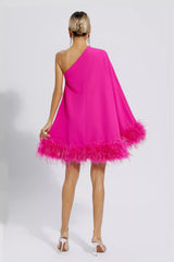 Ailani Pink Feather Trim One Shoulder Mini Dress