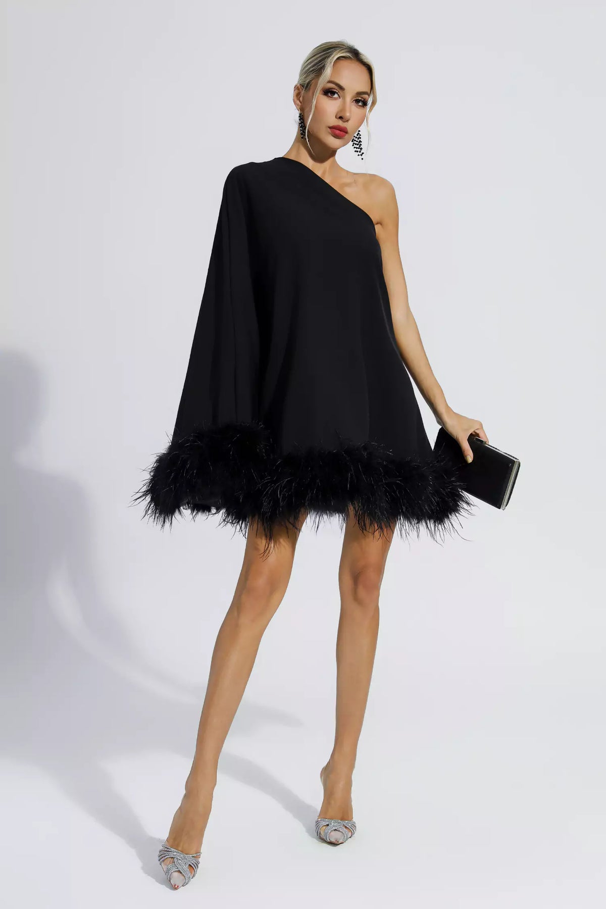 Ailani Black Feather Trim One Shoulder Mini Dress