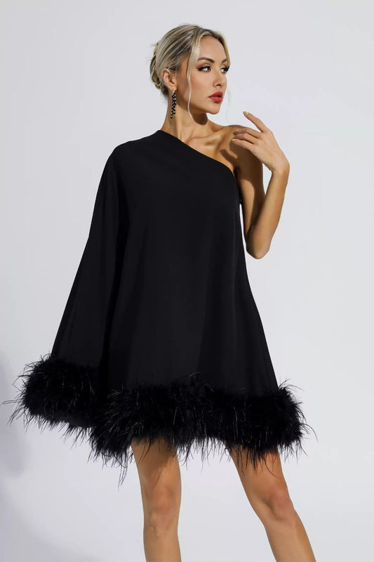 Ailani Black Feather Trim One Shoulder Mini Dress