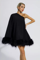 Ailani Black Feather Trim One Shoulder Mini Dress