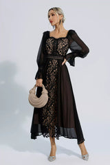 Aliana Black Floral Hollow Long Sleeve Dress