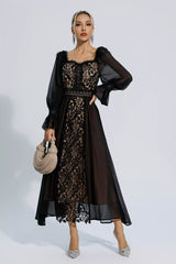 Aliana Black Floral Hollow Long Sleeve Dress