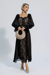 Aliana Black Floral Hollow Long Sleeve Dress