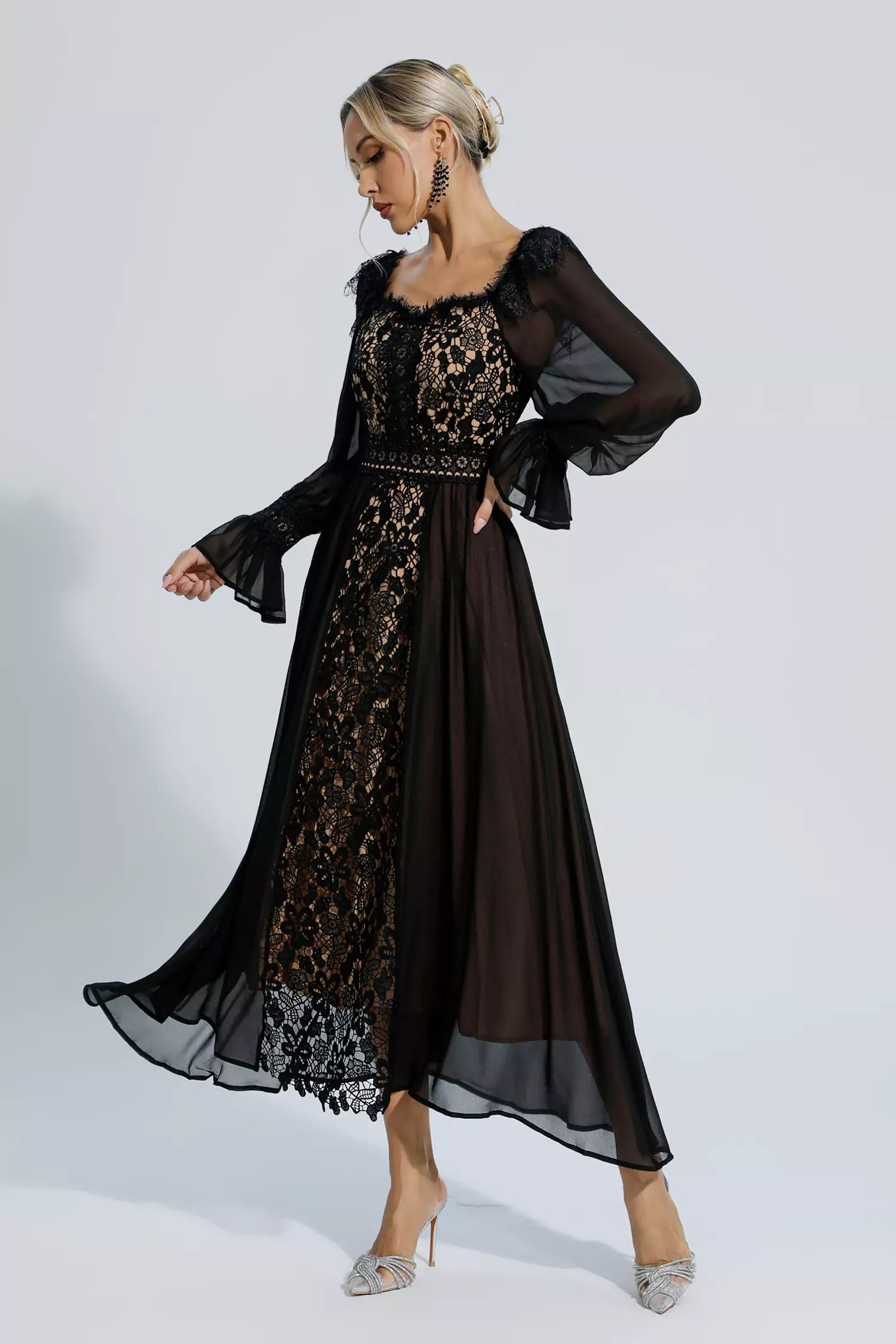 Aliana Black Floral Hollow Long Sleeve Dress