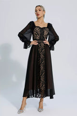 Aliana Black Floral Hollow Long Sleeve Dress