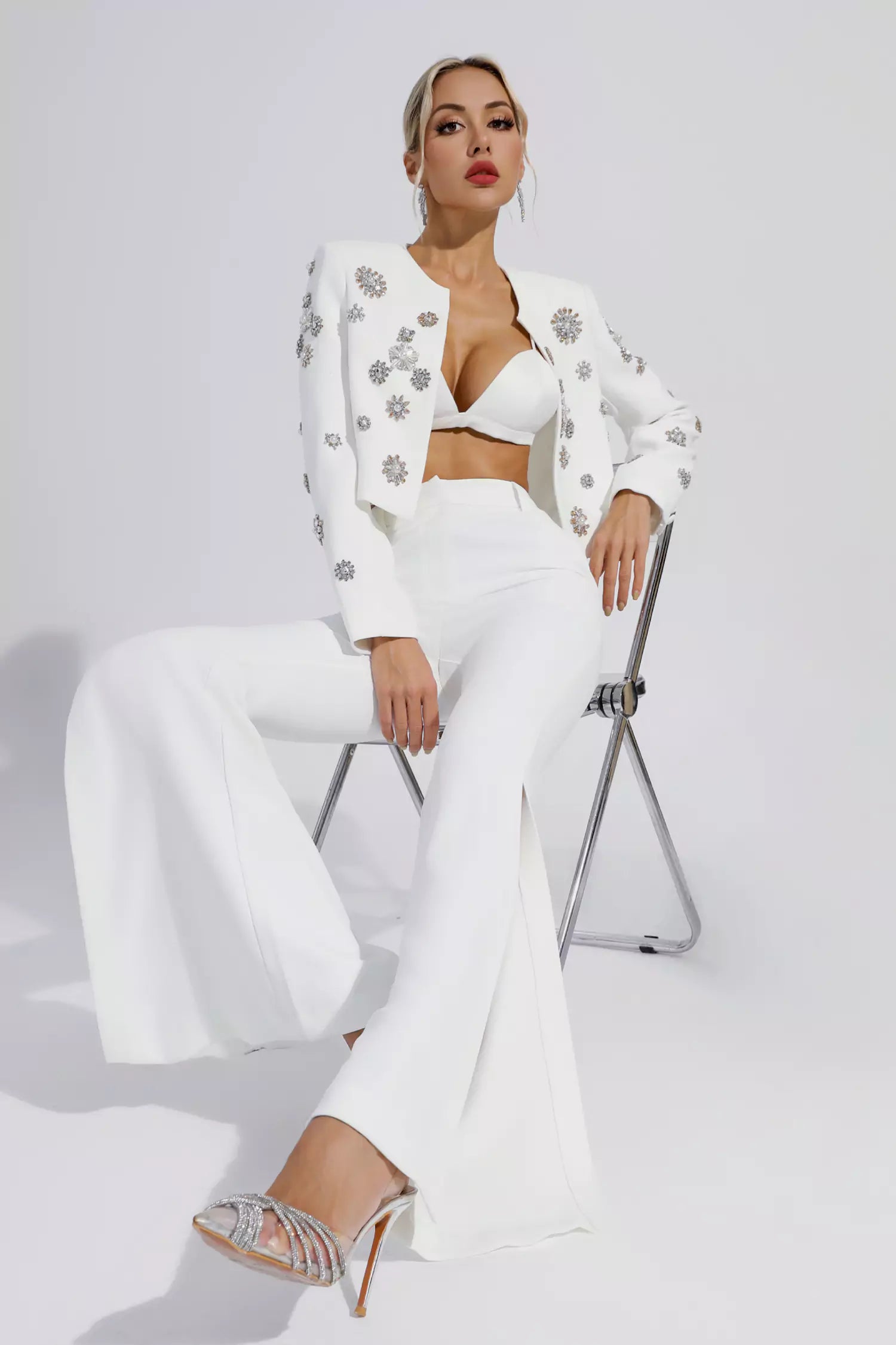 Amalia White Crystal Pearl Blazer Set