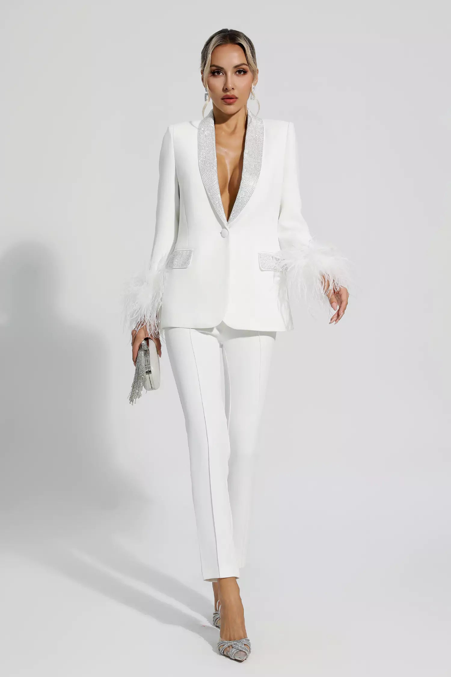 Angel White Feather Trim Diamond Blazer Set