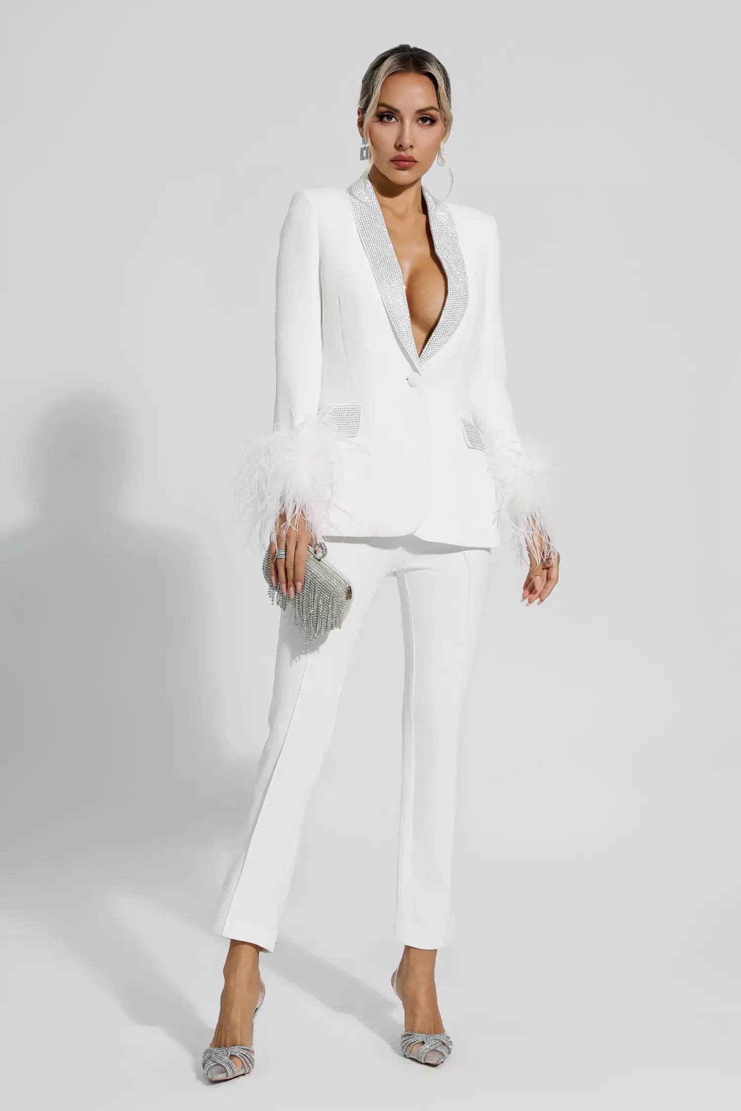 Angel White Feather Trim Diamond Blazer Set