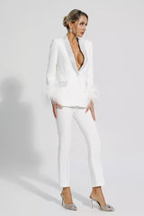 Angel White Feather Trim Diamond Blazer Set