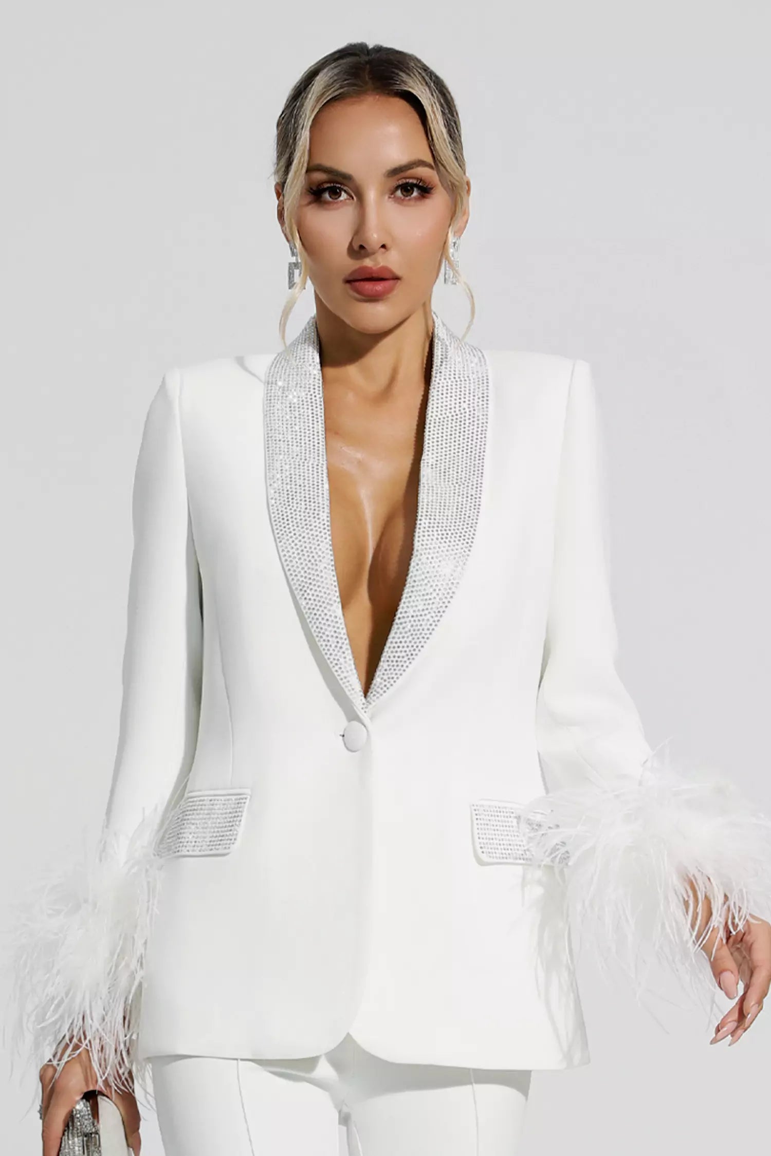 Angel White Feather Trim Diamond Blazer Set